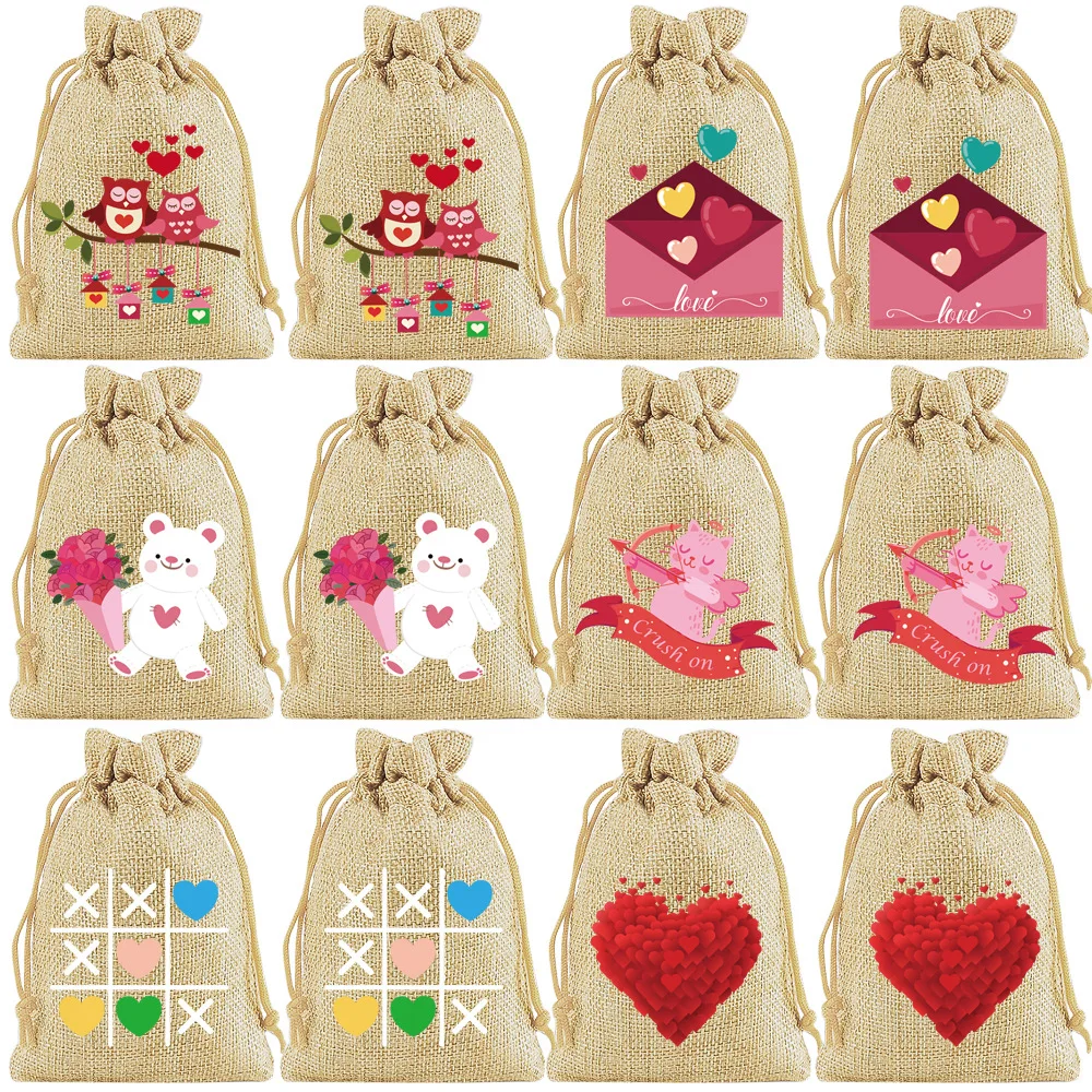 36pcs/lot 2025 New Valentine's Day Gift Bag Heart Shaped Burlap Linen Bag Wedding Party Gift Bag Drawstring Pouches Wholesale