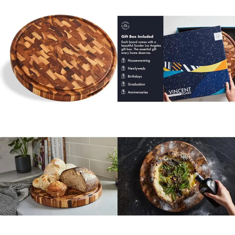 

Round Teak Wood Cutting Board 15 1.5 Thick with Juice Groove, Built-in Handles, Charcuterie Serving Board