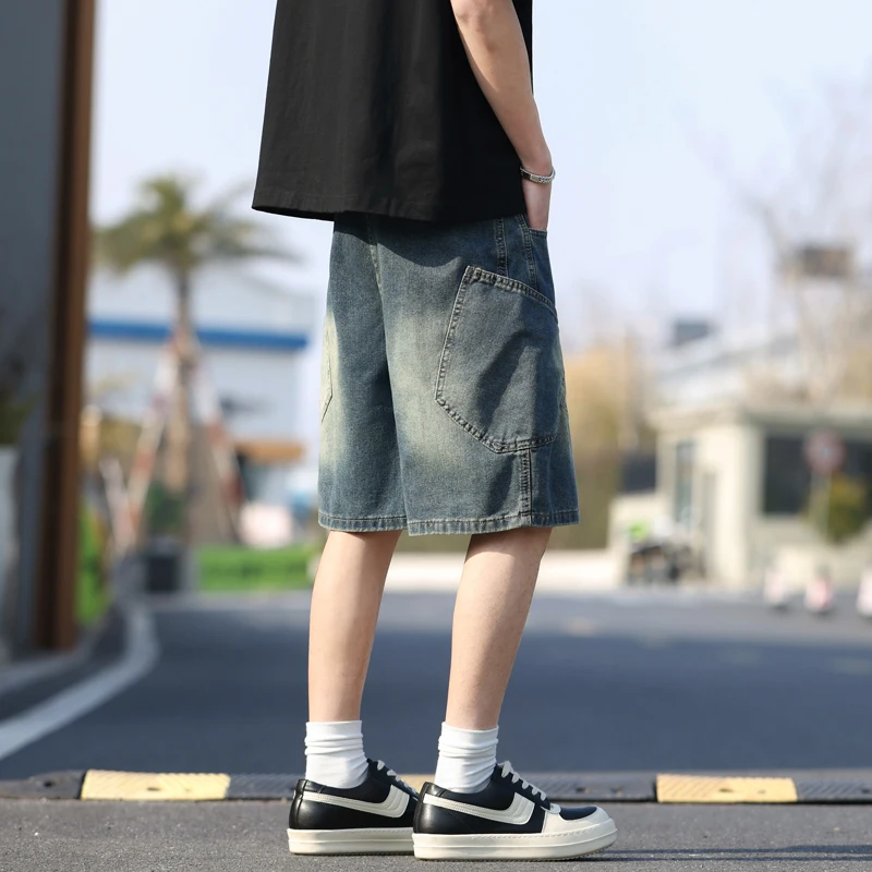 メンズヴィンテージルーズデニムショーツ Y2k ファッションカジュアルオーバーサイズショートカーゴパンツ夏の新ストリートストレートショートジーンズ男性