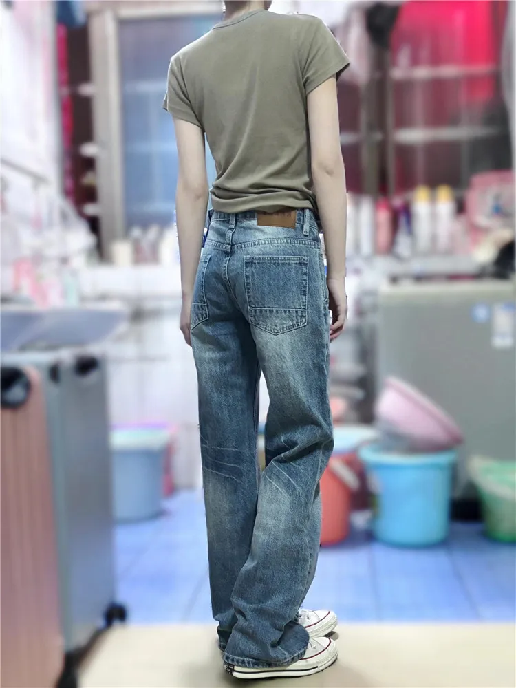 

American Retro Faded Low Waist Flared Jeans Women's Spring Summer Loose Drapey Tall Extended Wide Leg Floor Length Pants