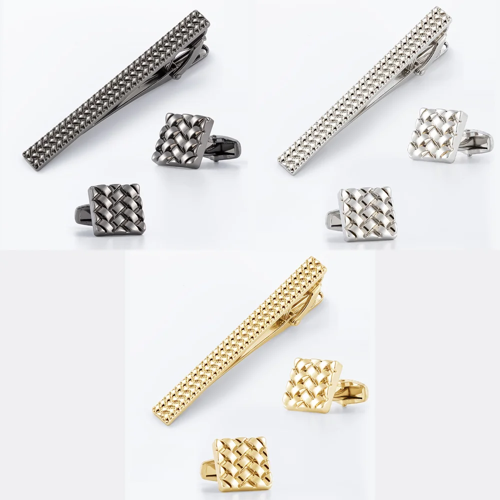 Black Plated Weave Pattern Tie Clip & Cufflinks Set Men Textured Formal Accessories