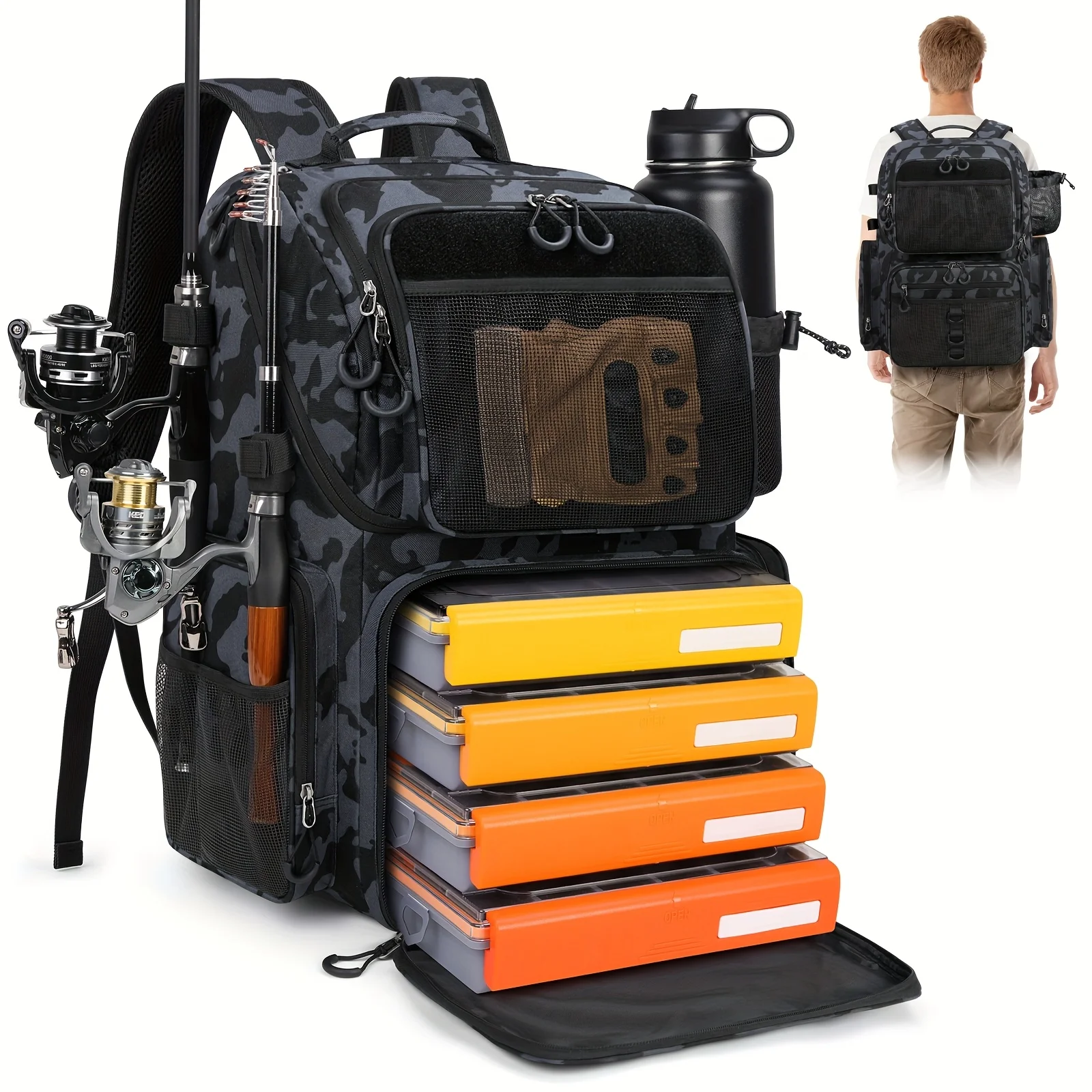 

RAINSMORE 11.89gal Fishing Backpack With Rod Holder & Rain Cover, 900D Heavy-Duty Adjustable Compartments Fishing Tackle Bag Sto