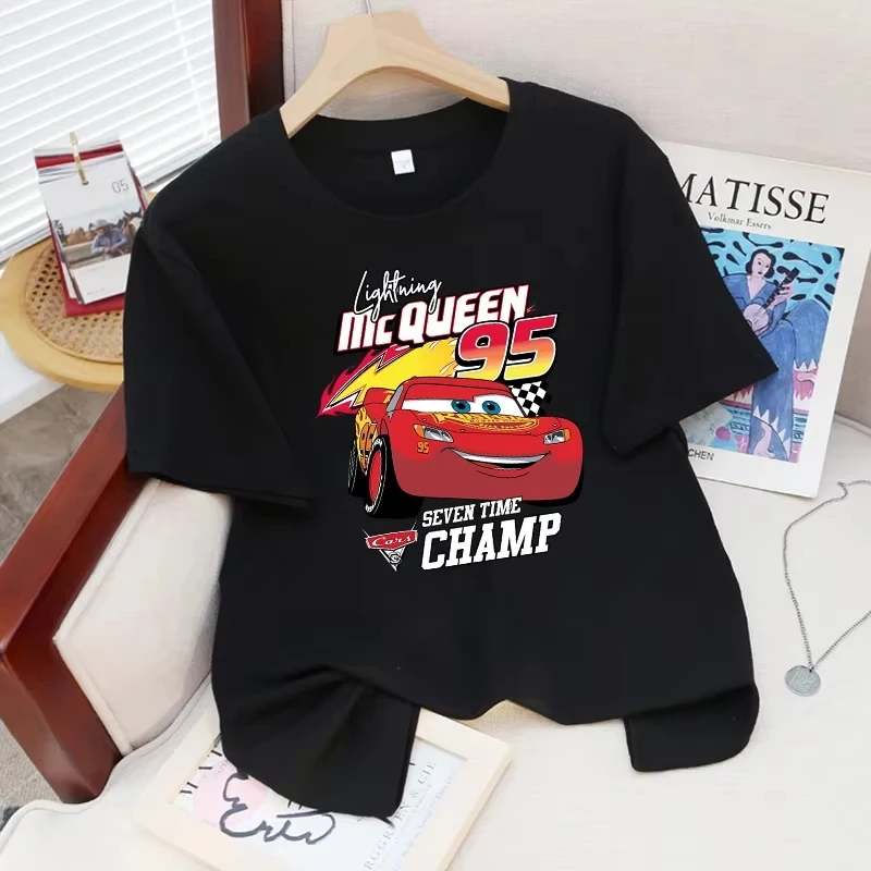 

Disney Lightning McQueen Adult Summer Fashion Clothes Cars Man Anime Casual T-shirt Women Cartoon 100% Cotton Short Sleeve Tee