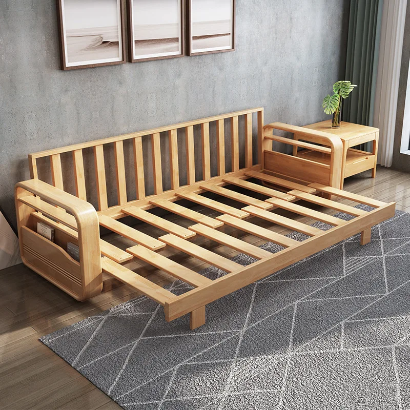 Nordic solid wood sofa fabric size apartment office living room furniture winter and summer multi-functional with broaching bed