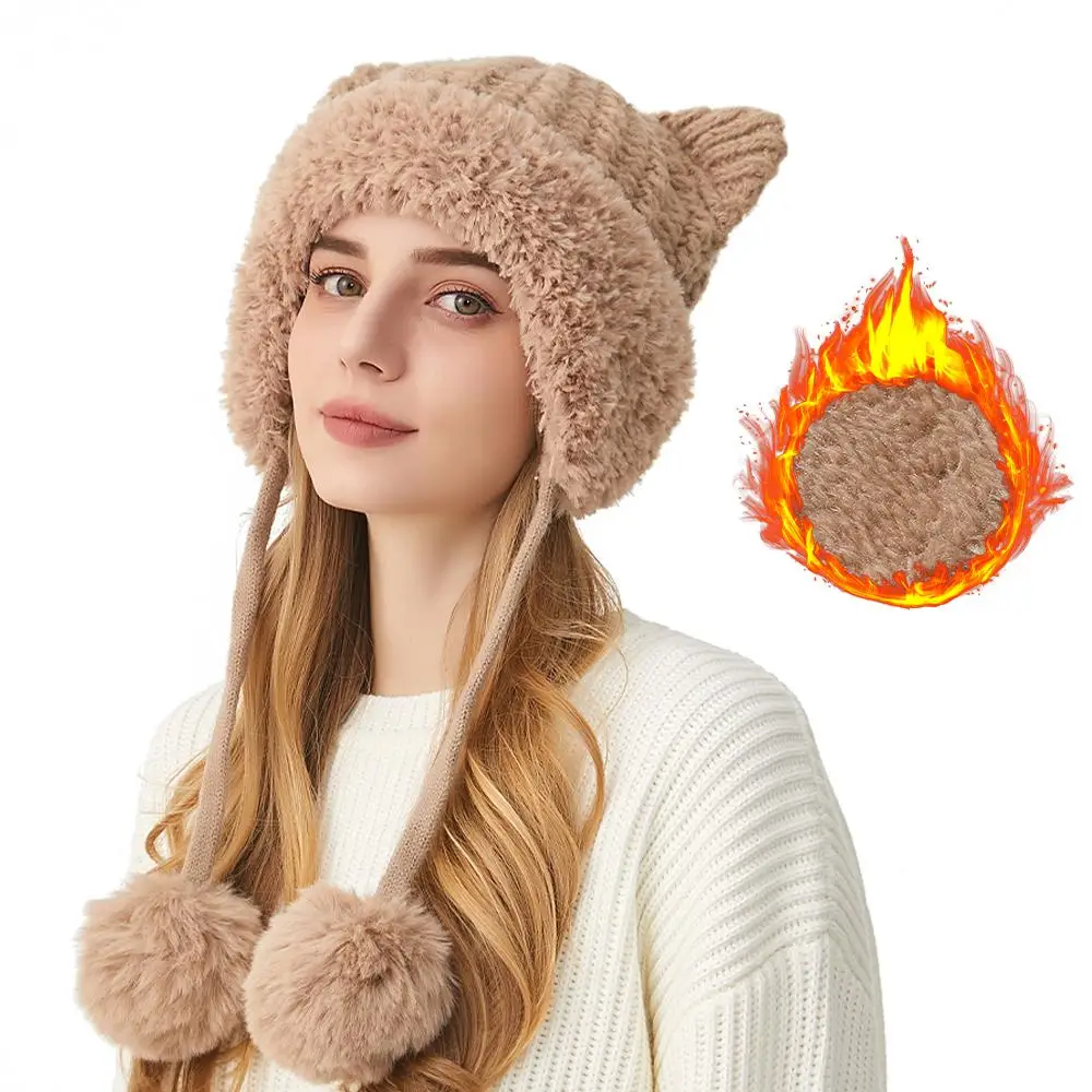 Cartoon Cat Ears Knitted Beanies Fleece-Lined Thickened Women's Ear Protection Knit Hat Windproof Warm Ski Hat