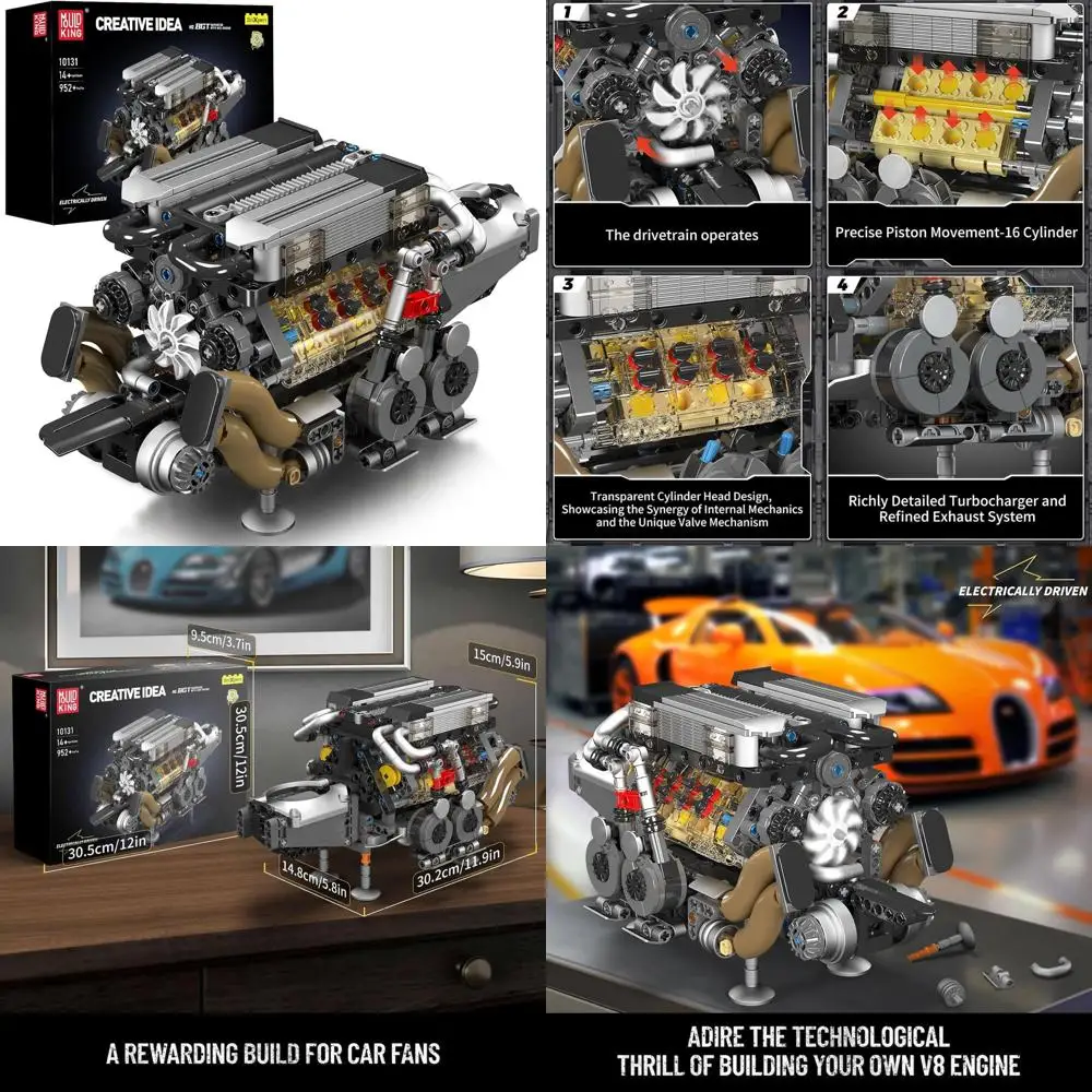 16-Cylinder V8 Engine STEM Building Set, 952+ Pieces, Construct Your Own Running Car Engine Model Toy