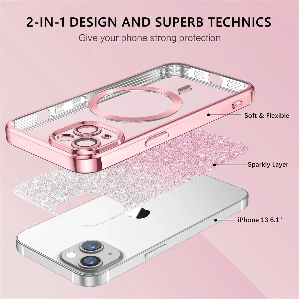 Luxury Shiny Case For iPhone 16 15 14 13 12 11 ProMax Plus Shockproof Soft Bumper Magsafe Stylish Magnetic Wireless Charge Cover