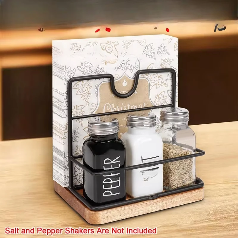 Napkin Holder, Metal Napkin Holder with Salt and Pepper Shakers Modern Napkin Dispenser for Table Kitchen Countertop