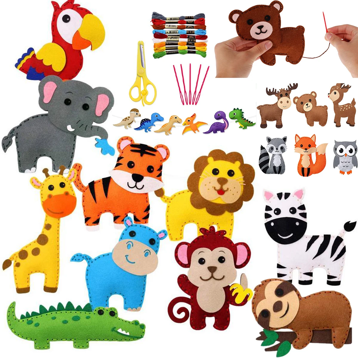 Kit de artesanato de animais da floresta, criaturas da floresta, faça você mesmo, animais de pelúcia de feltro para crianças, costura educacional precoce, desenvolvimento sensorial