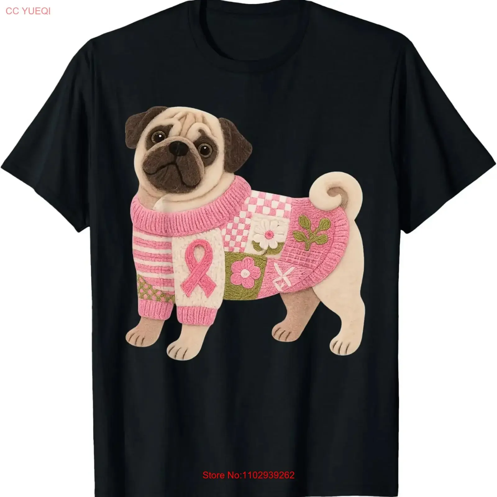 Camiseta de fieltro con estampado de lazos rosas de la lucha contra el cáncer de mama y diseño de pug, estilo vintage, lavada, suave y cómoda, para papá y mamá.