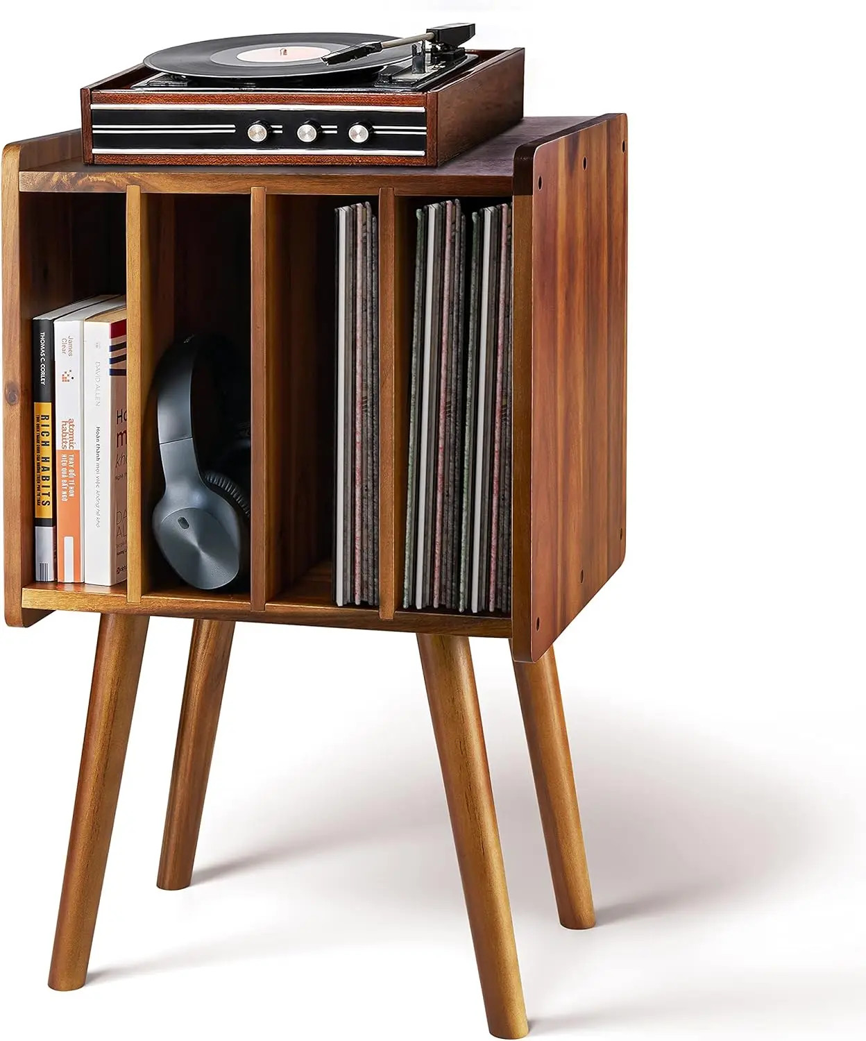 

Wooden LP Record Player Stand with 4 Cabinets, Holds up to 100 Vinyls, Metal Record Storage Holder and Organizer Table,