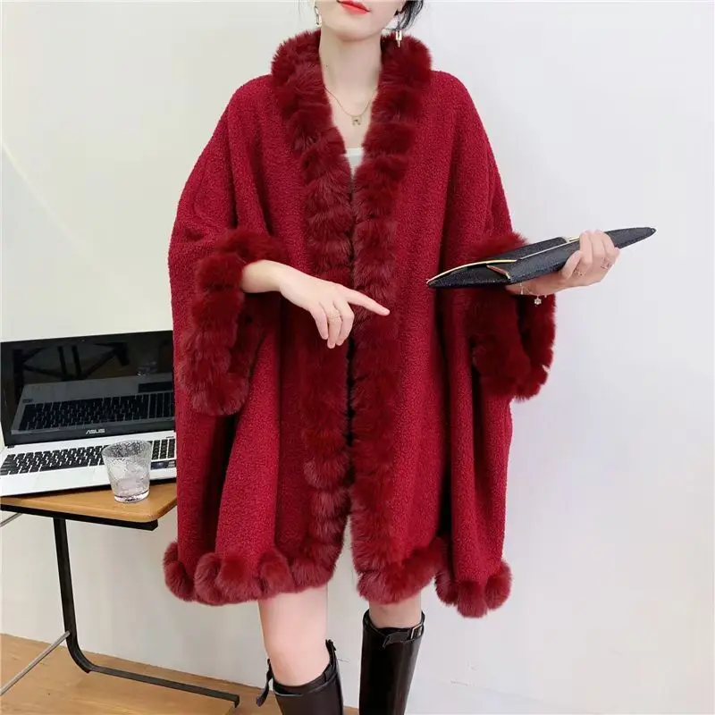 Women\'s Thick Long Poncho Shawl Coat, Outdoor Capes, Black Granular Velvet Holes, Fur Sleeves, Collar Cloak, Winter, 6 Colors