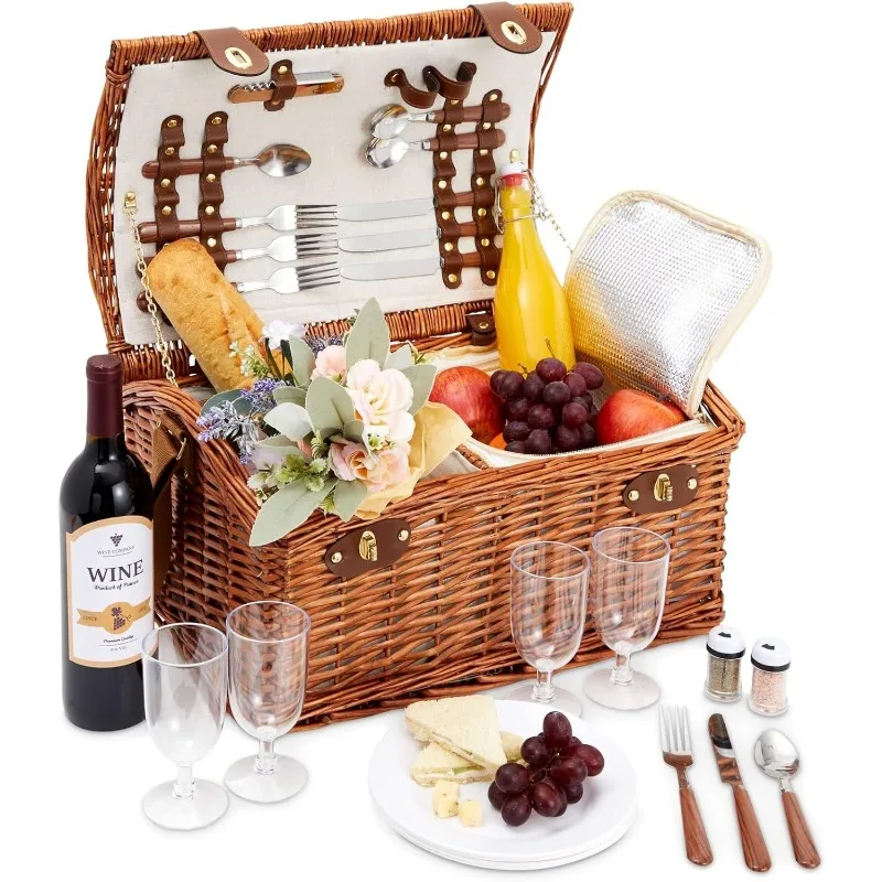 

Wicker Picnic Basket for 4 with Utensils, Glasses, and Insulated Cooler Bag - Camping and Picnic Essentials Kit