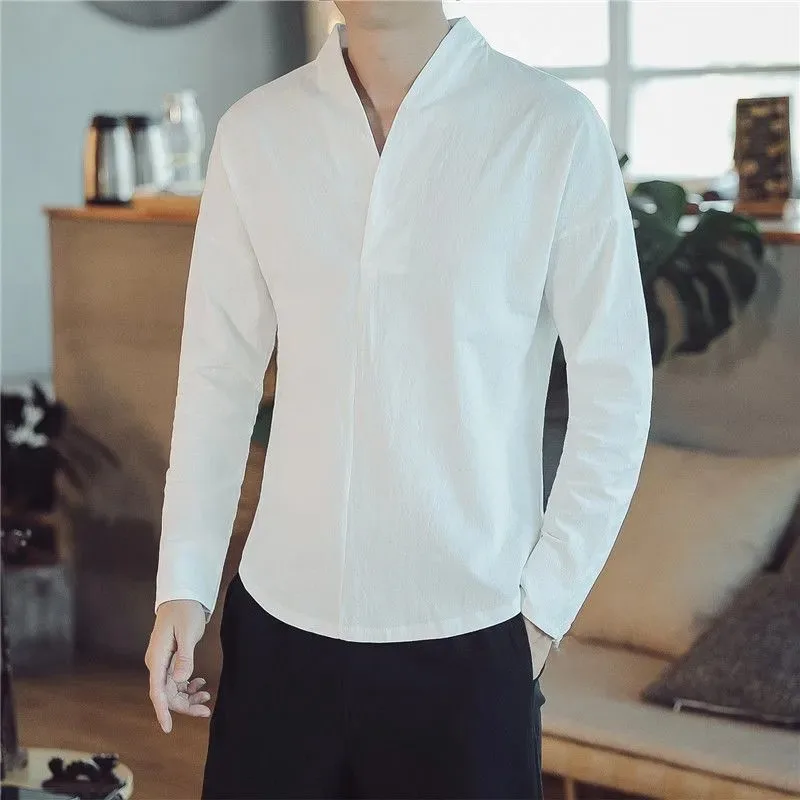 Men's Chinese Style Long Sleeve T Shirt New Hanfu Tea Wear Casual Solid Color Top