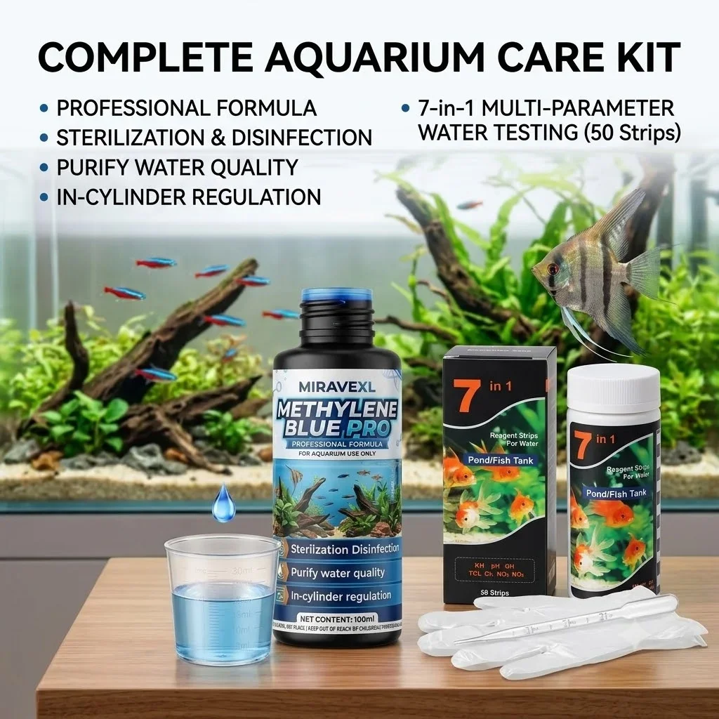 100ml Aquarium Methylene Blue Solution Fish Tank Water Treatment Disinfection with 7-in-1 Test Strips Dropper Gloves Clean Kit