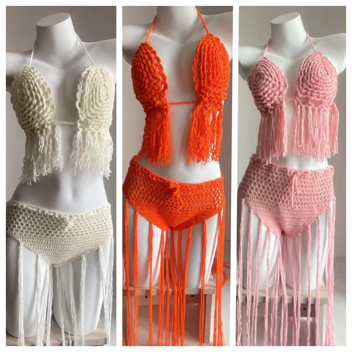 Knitted Bra Top Bikini Set Womens Swimsuit Handemade Crochet Bikini Cover Up Tassel Beach Long Wrap Skirt Holiday Beach Outfit