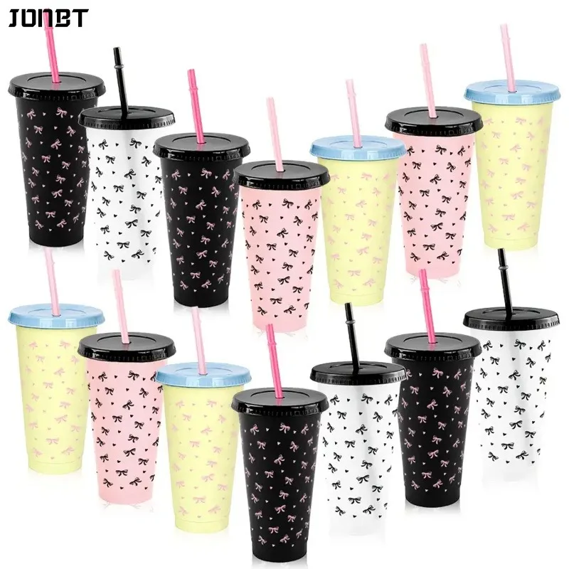 

24oz Cute Bow Reusable Plastic Water Cups With Straw Lid Portable Juice Iced Coffee Milk Cups Sports Camping Party Mug Drinkware