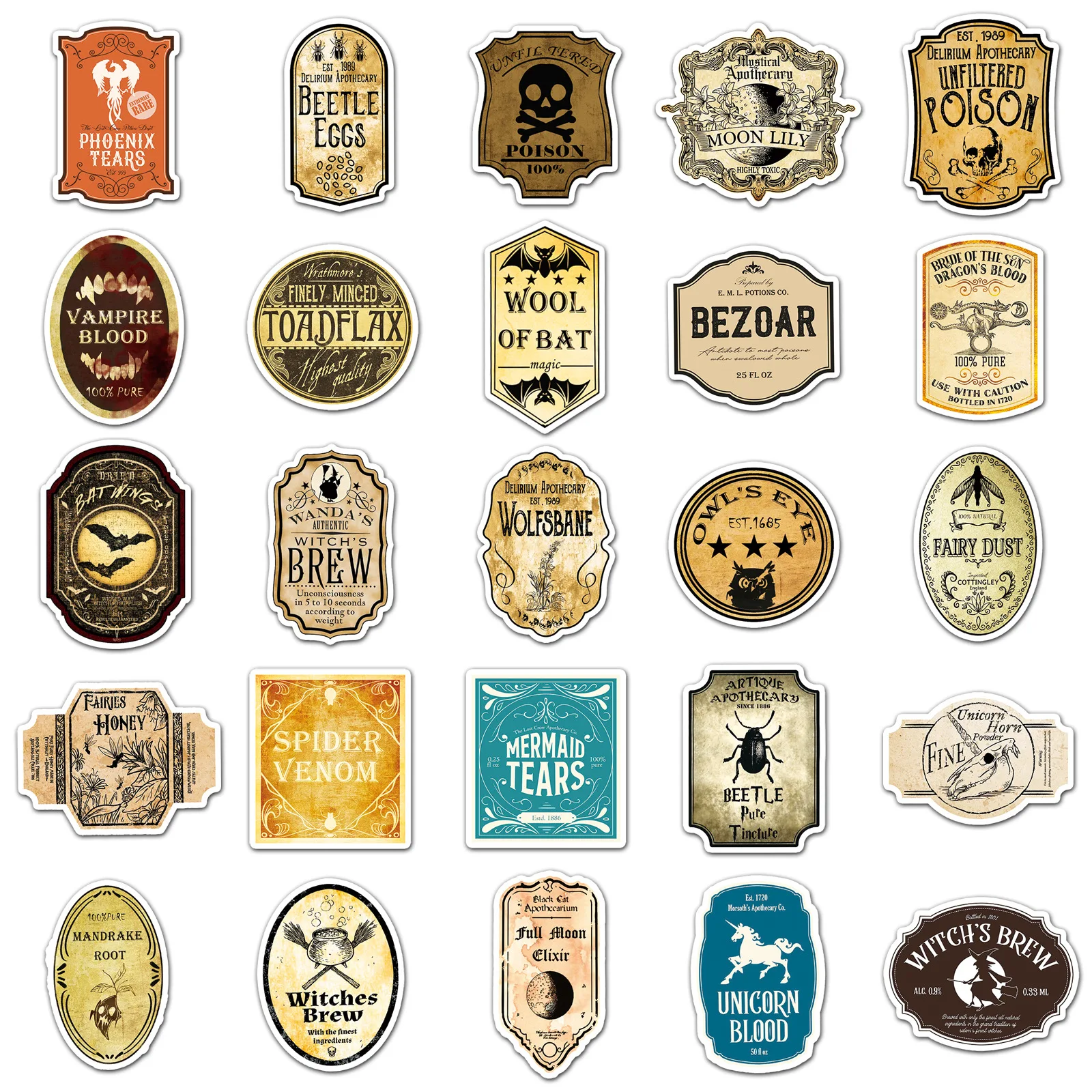 50PCS 마법 물약 만화 스티커 레트로 스타일 그래피티 고딕 장식 DIY 장난감 냉장고 노트북 기타 자전거 스케이트보드 데칼