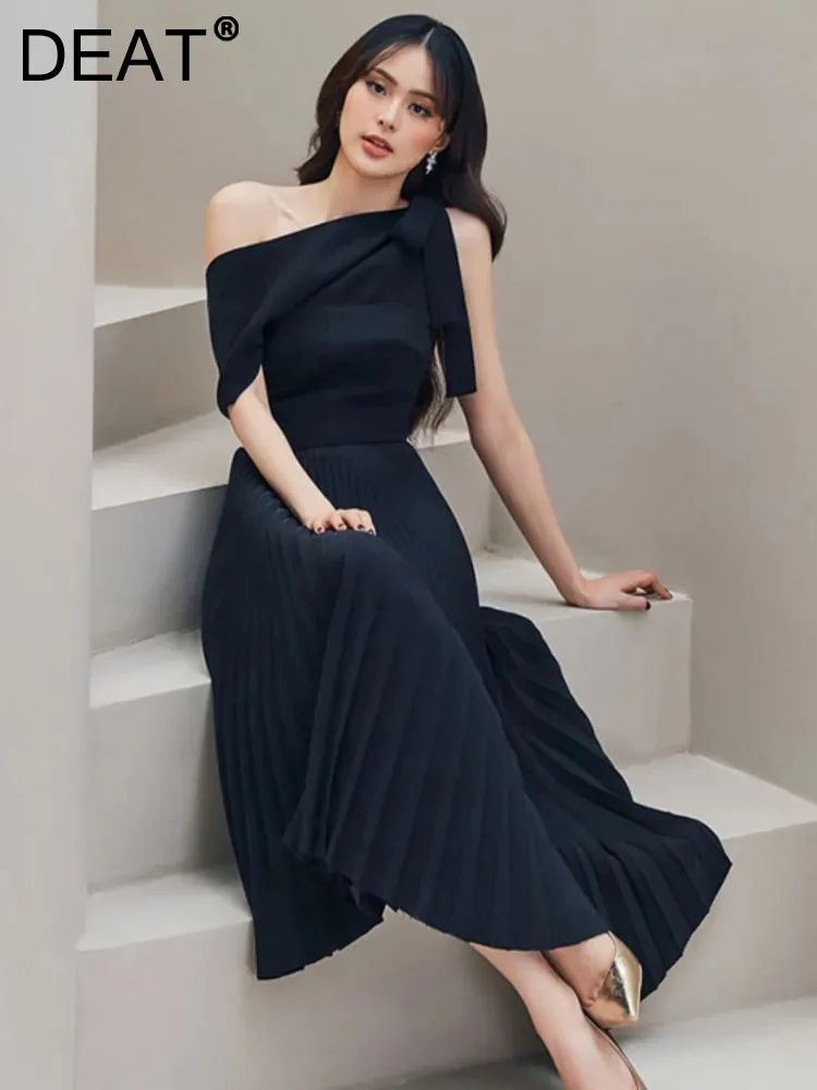 

DEAT Elegant Dress Diagonal Shoulder Pleated Asymmetrical Elastic Waist Women's Evening Party Dresses 2024 Summer New 15G7319