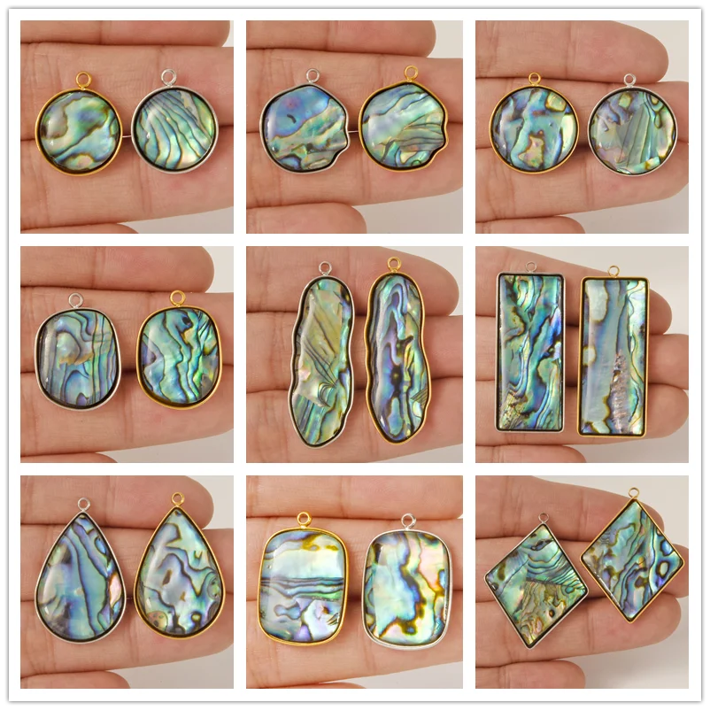3pcs Abalone Shell Charm Round Rectangle Water Droplet Stainless Steel Pendants For Jewelry Making Supplies No Fade DIY Material