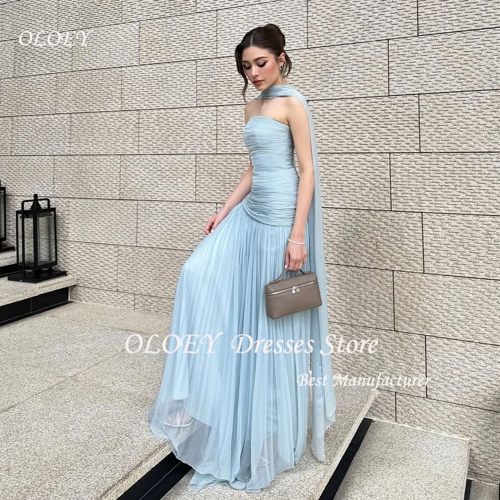 OLOEY Elegant Blue Strapless Pleat Evening Dress A line Chiffon Party Dress Floor Length Formal Occasion Dress Customized