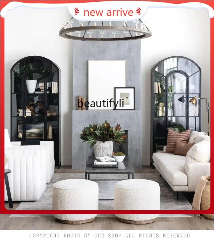 

SS ss7486 American light luxury solid wood bookcase simple high-grade black arched display cabinet with glass door retro wine ca