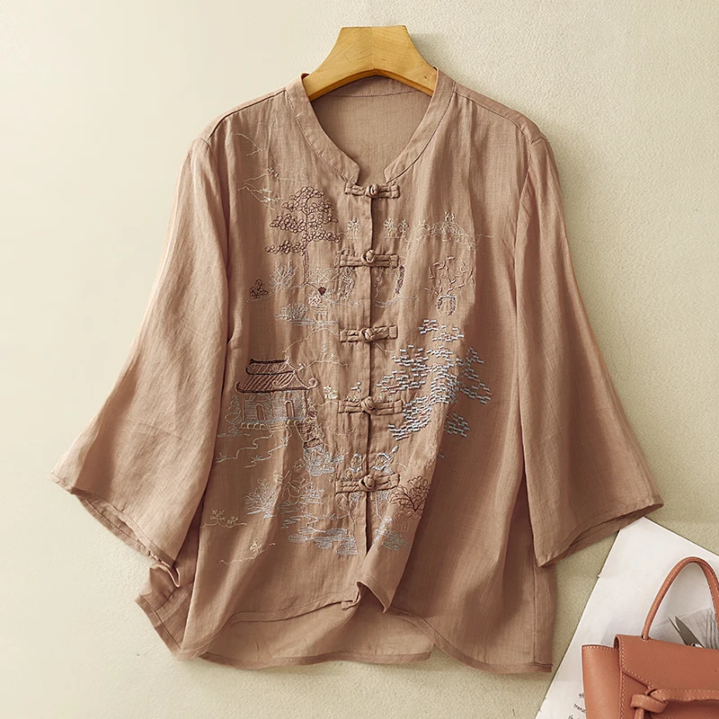 2024 New Arrivals Women Cotton Linen Blouse Loose Design Three Quaters Sleeves Chinese Fashion Embroidery