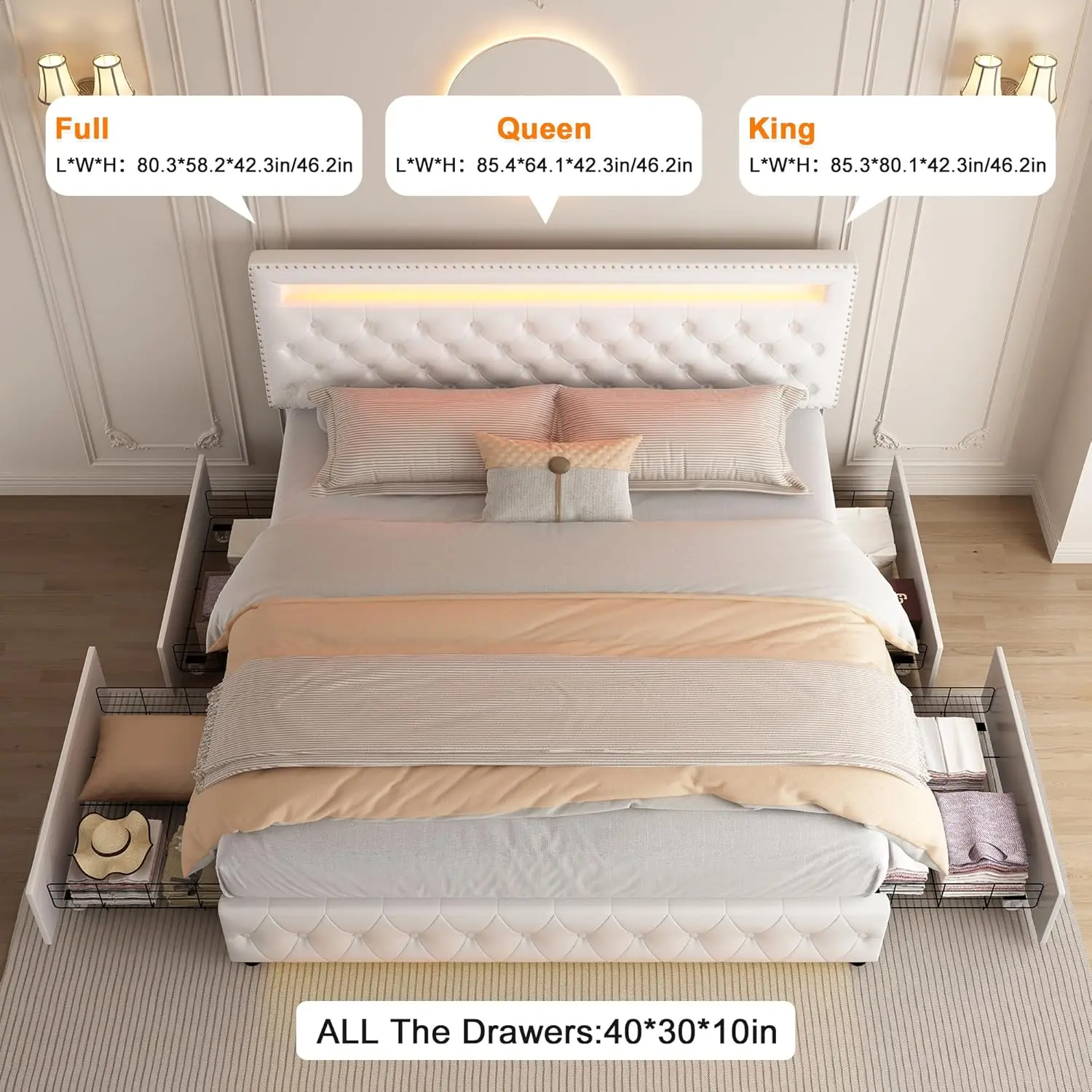 Queen Led Bed Frame With 4 Storage Drawers, With Smart Control Rgbw Led Lights Headboard Footboard, Control Diy Color, Box