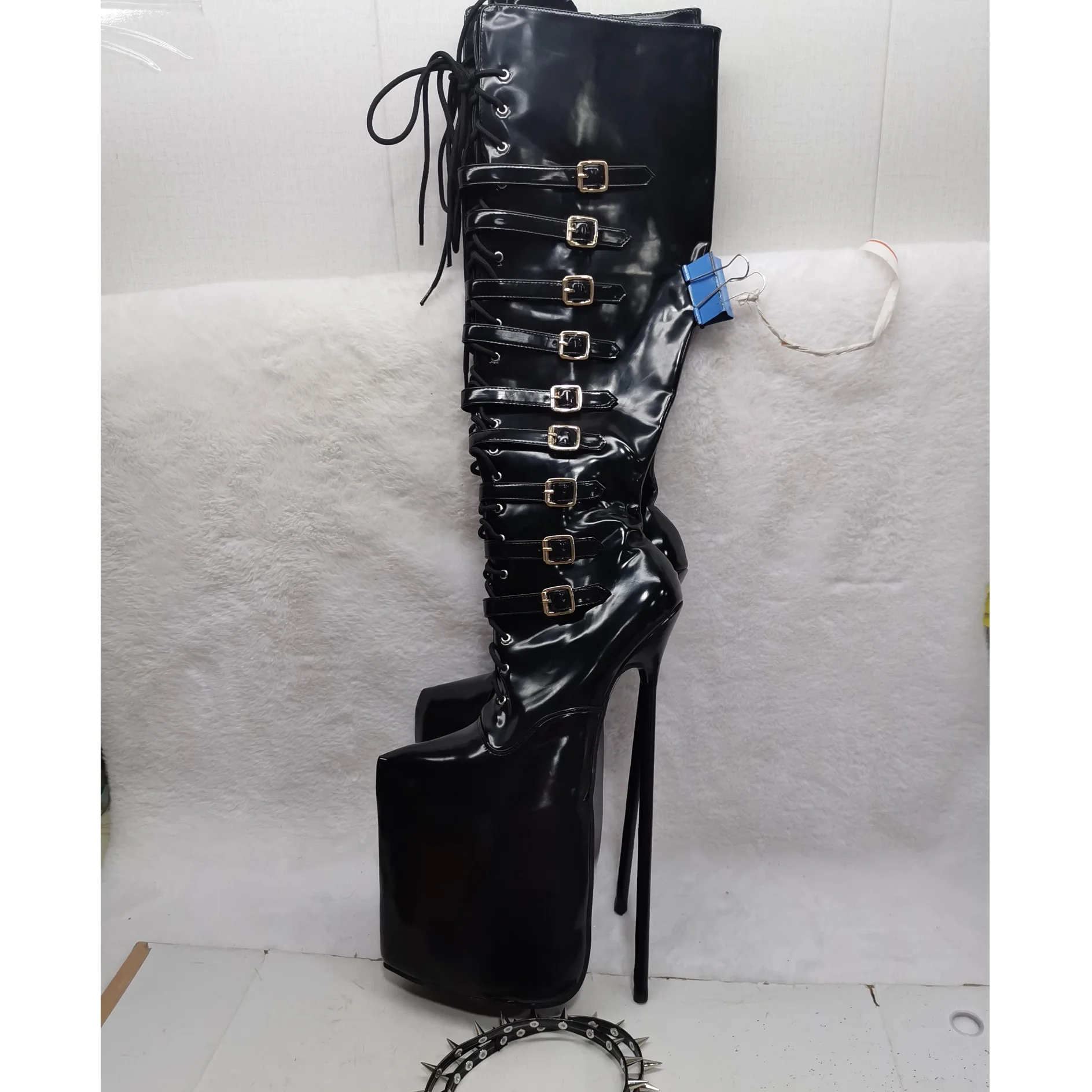 

Black Buckle Lace Up Platform Boots Thin High Heel Sexy Fashionable Cool Winter Casual Big Size Woman Shoes Zapatillas Mujer