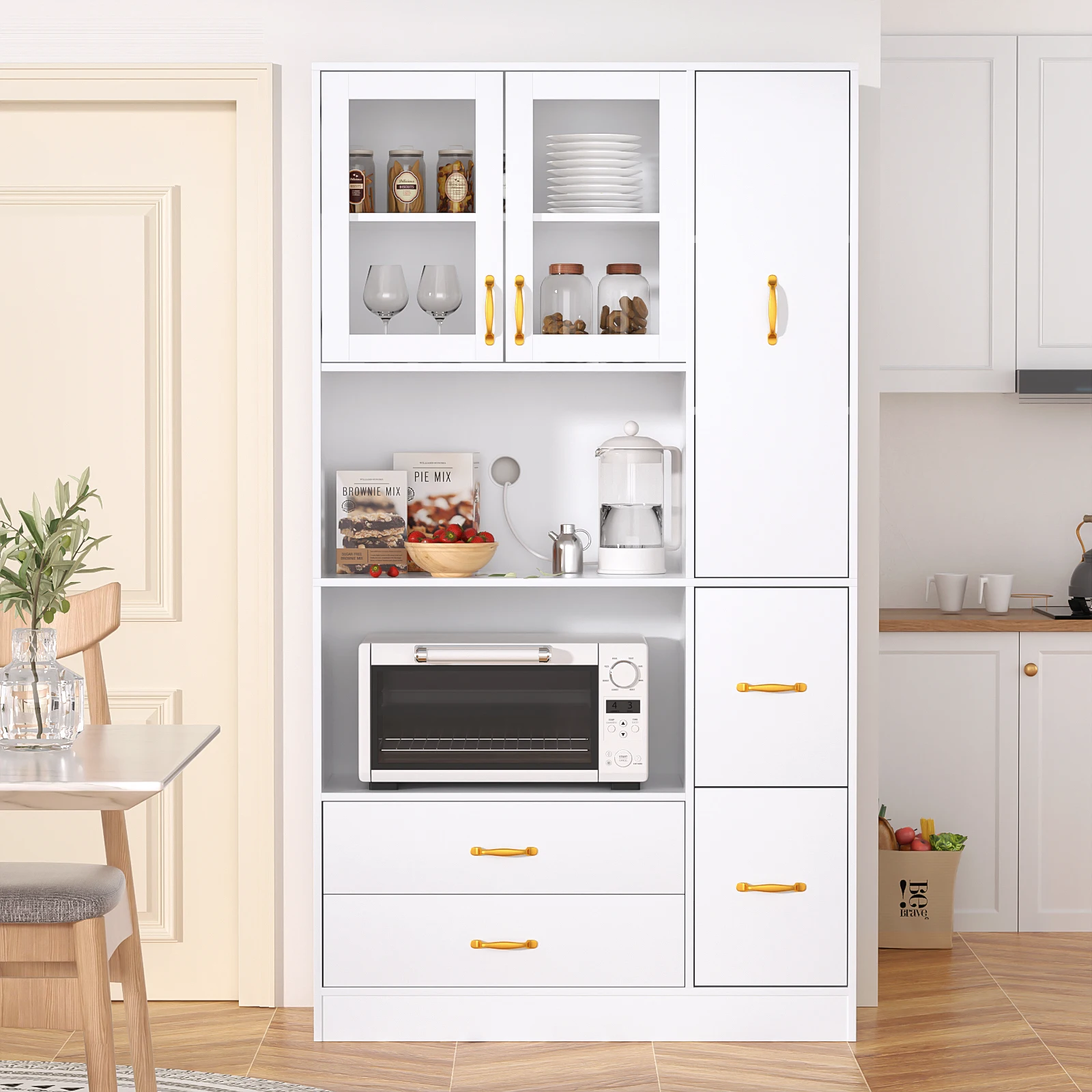 Freestanding Kitchen Pantry Storage Cabinet with 3 Cabinets and 4 Drawers, Kitchen Hutch Cabinet with 2 Microwave Stands