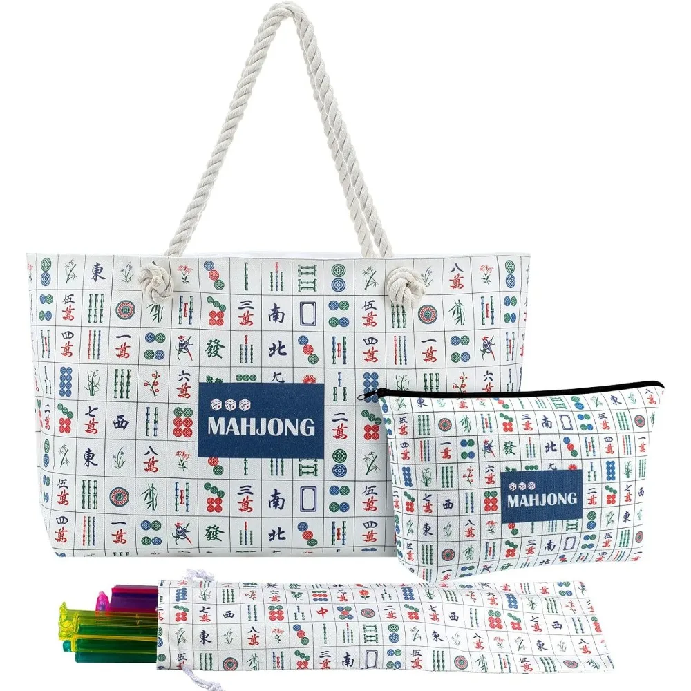Mahjong Carrying Bag Blue Printed Tote Tiles Bag with Handle for Game Player Lover Gift Daily Storage Carry