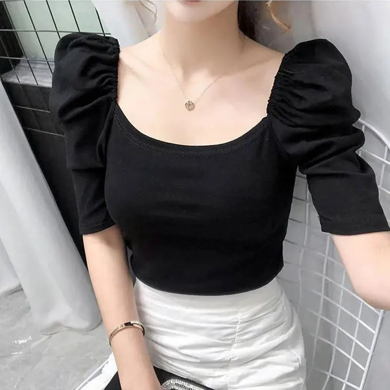 Women\'s Summer Fashion Simplicity Solid Color Slash Neck Short Sleeve T-Shirt Women Clothes Office Lady All-match Slim Tops