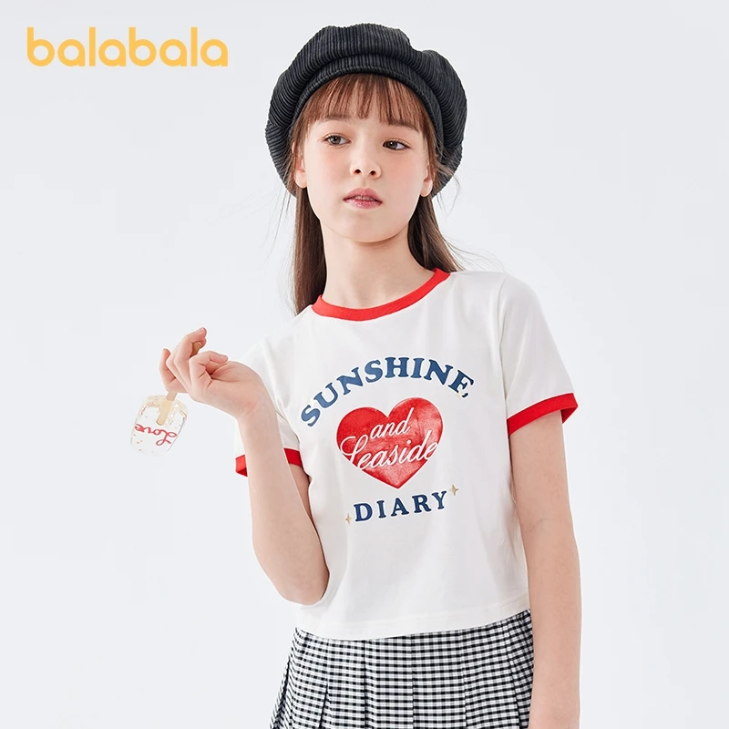 Balabala Children Clothing Girls Children Short-Sleeved T-Shirt 2024 Summer New Style