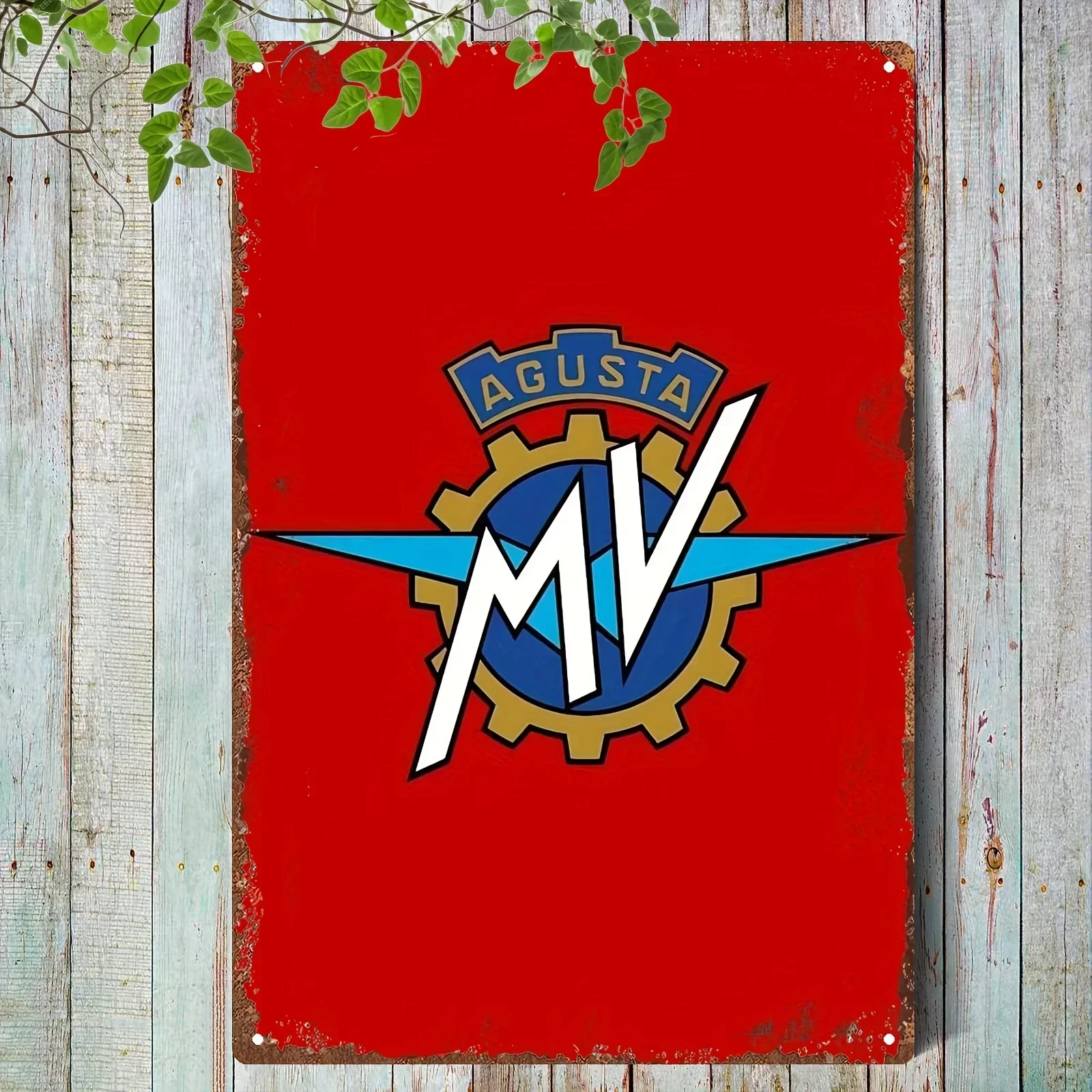 2D Flat, 1 Retro Metal Sign Plaque | A Vintage MV Agusta Logo Tin Painting with Distressed Craftsmanship, Suitable for Garage