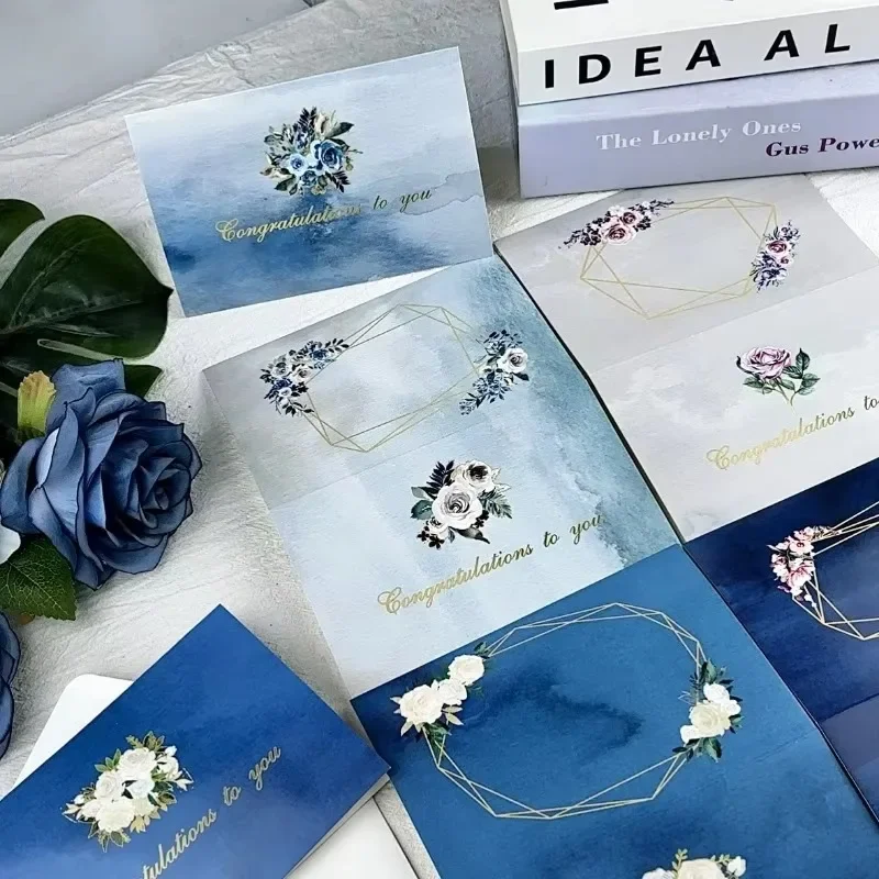 Blue Series Greeting Card Creative Simple and Elegant Flower Festival Congratulation Card Set Holiday Gift Decorative Card