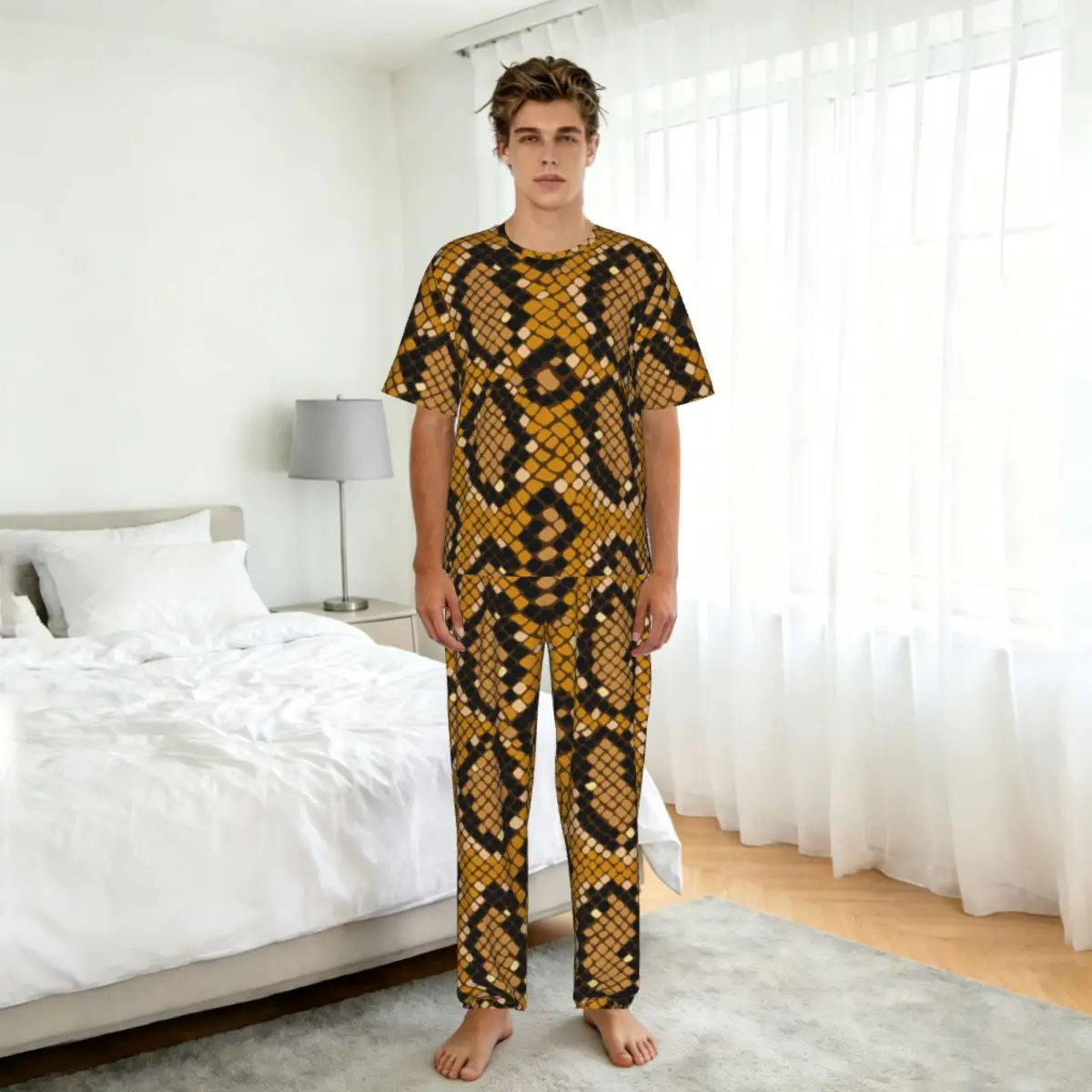 Men's short-sleeved pajamas two-piece trousers Crocodile Snake Skin Pattern home wear suit sleepwear view 5