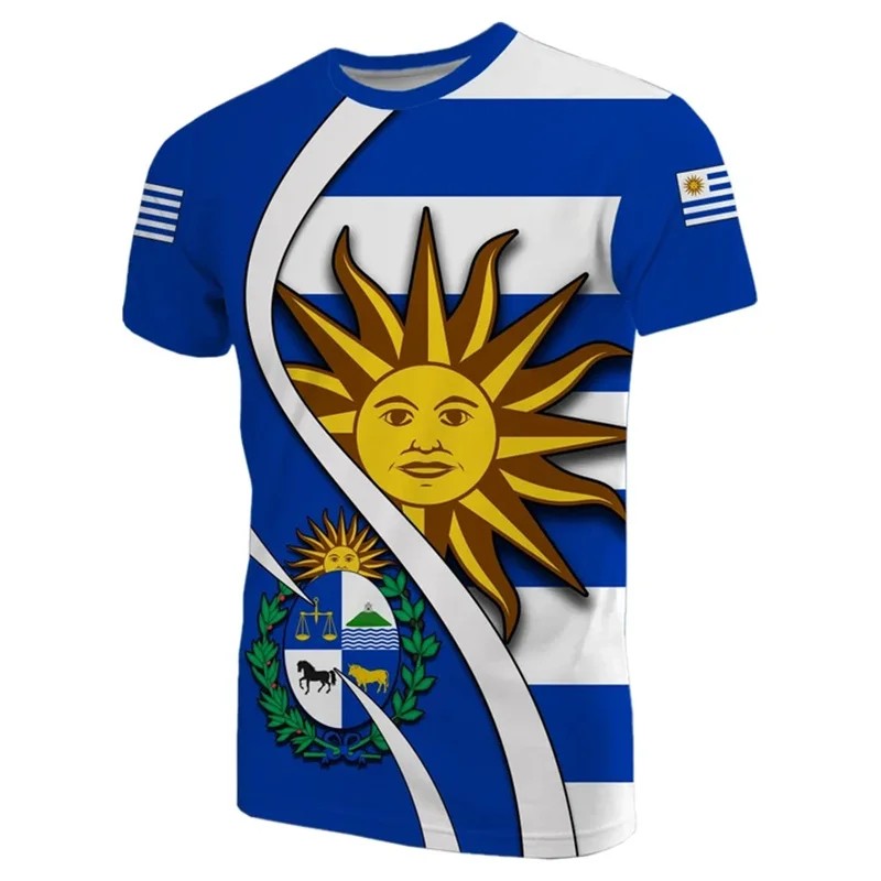 3D The RepublicOf Uruguay Flag Map Print T Shirt Uruguay Coat Of Arms Graphic T-shirts Vintage Short Sleeves Mens Clothing Tops