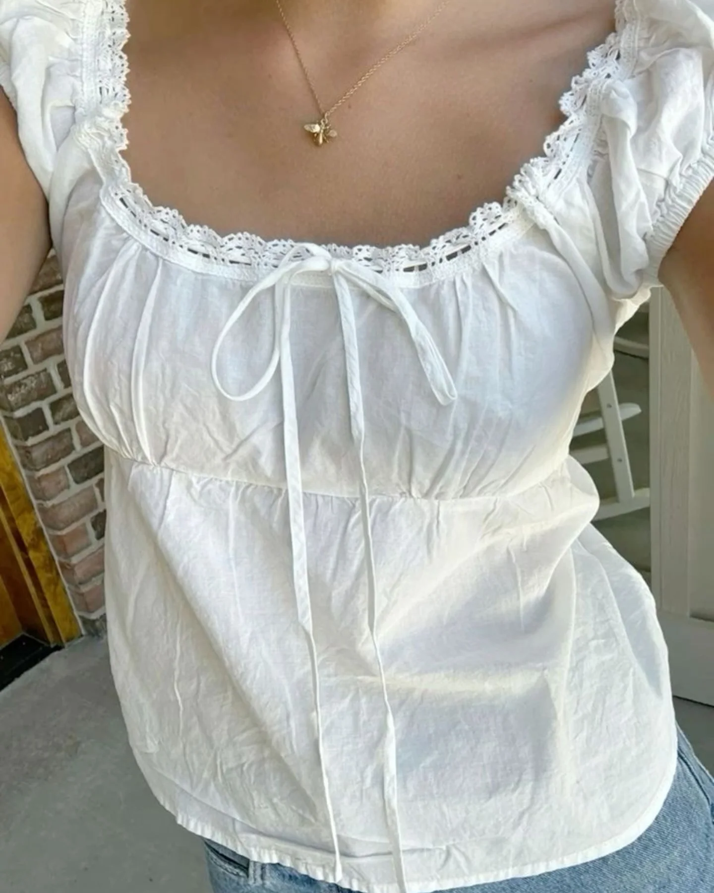 

White Lace-up Blouse Camisoles Women Lace Trim Square Collar Short Sleeve Tank Tops Summer Sweet Preppy Style Cute Crop Top Y2k