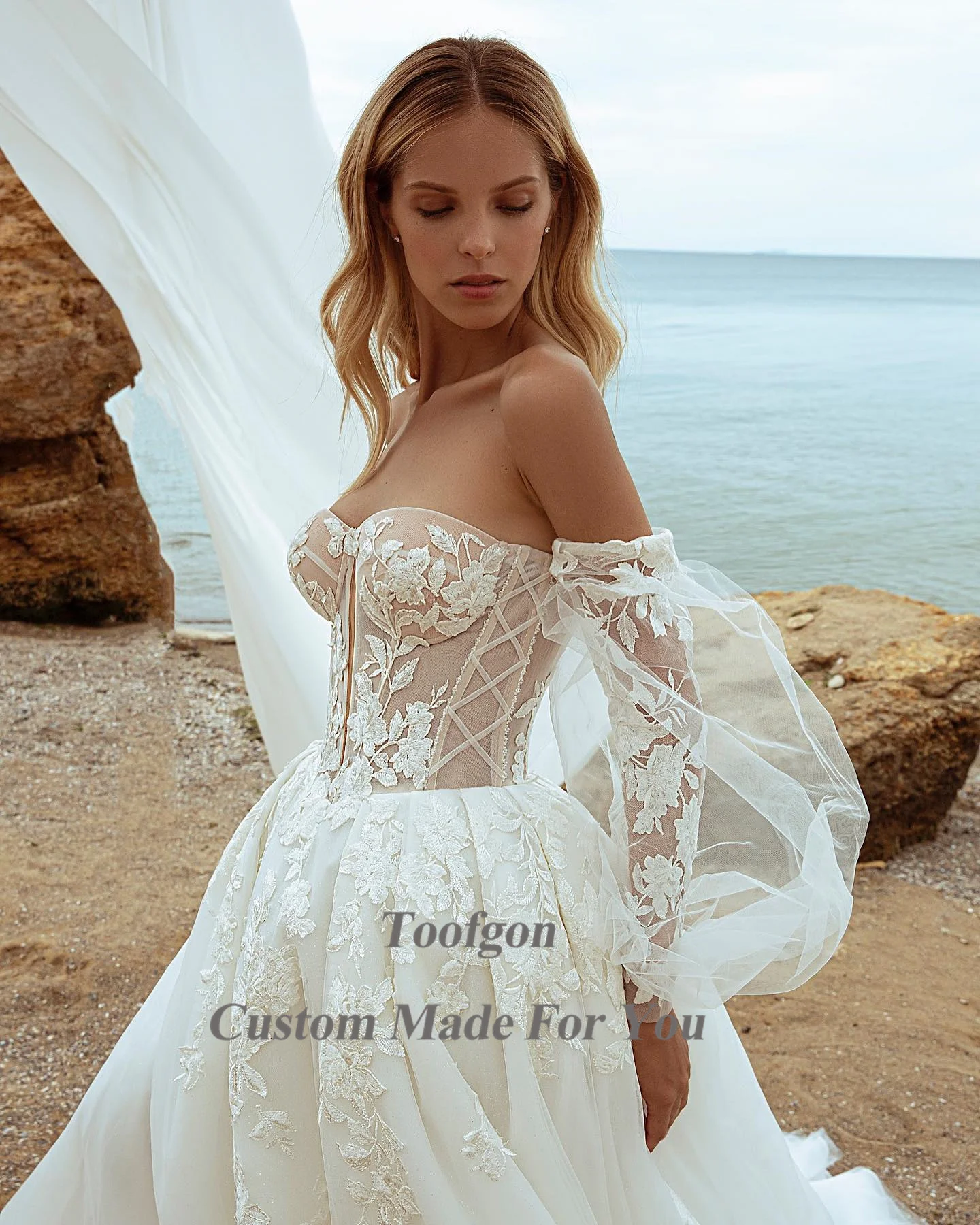 Toofgon A Line Appliques abiti da sposa in pizzo sposa spiaggia rimovibile Puff maniche lunghe abiti da sposa per feste formali abiti da sposa