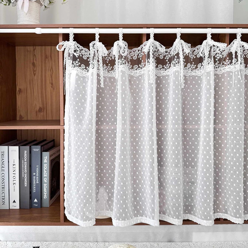 Korean Romantic White Polka Dot Splicing Flower Embroidered Lace Short Sheer Curtain Tie Top For Kitchen Living Room Bedroom