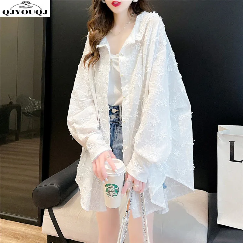 

2024 Spring/Summer Korean Edition Medium length Loose Long sleeved Sun Protection Coat Lazy Style New Cardigan