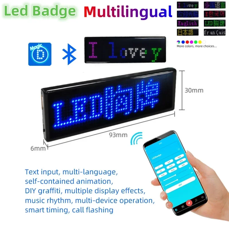 Multilíngue LED Digital Badge, USB Recarregável, DIY, Programável, Texto HD, Name Badge, Scrolling Tag, Módulo de Sinal, Luzes de exibição