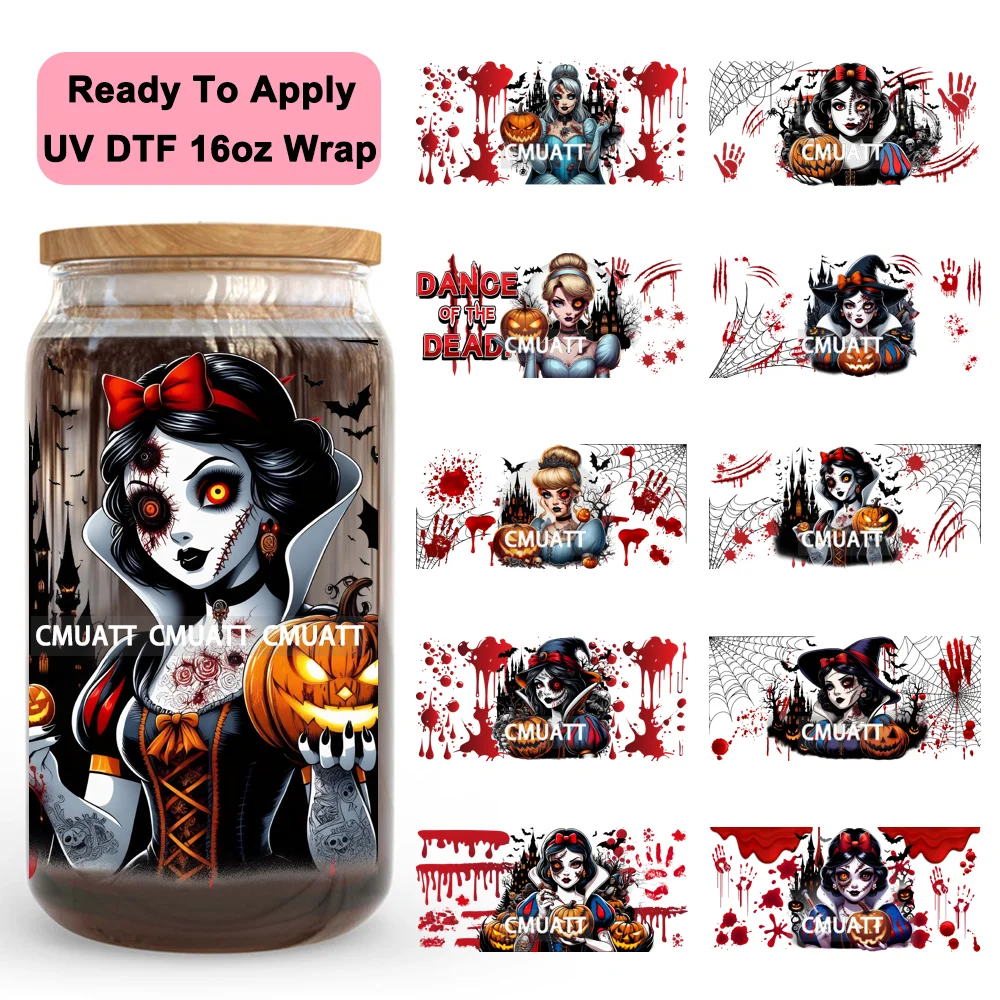 

Horror Halloween Cartoon Princess UV DTF Wraps Transfer Sticker Selfadhesive Waterproof High Quality For 16OZ Libbey Glass Can