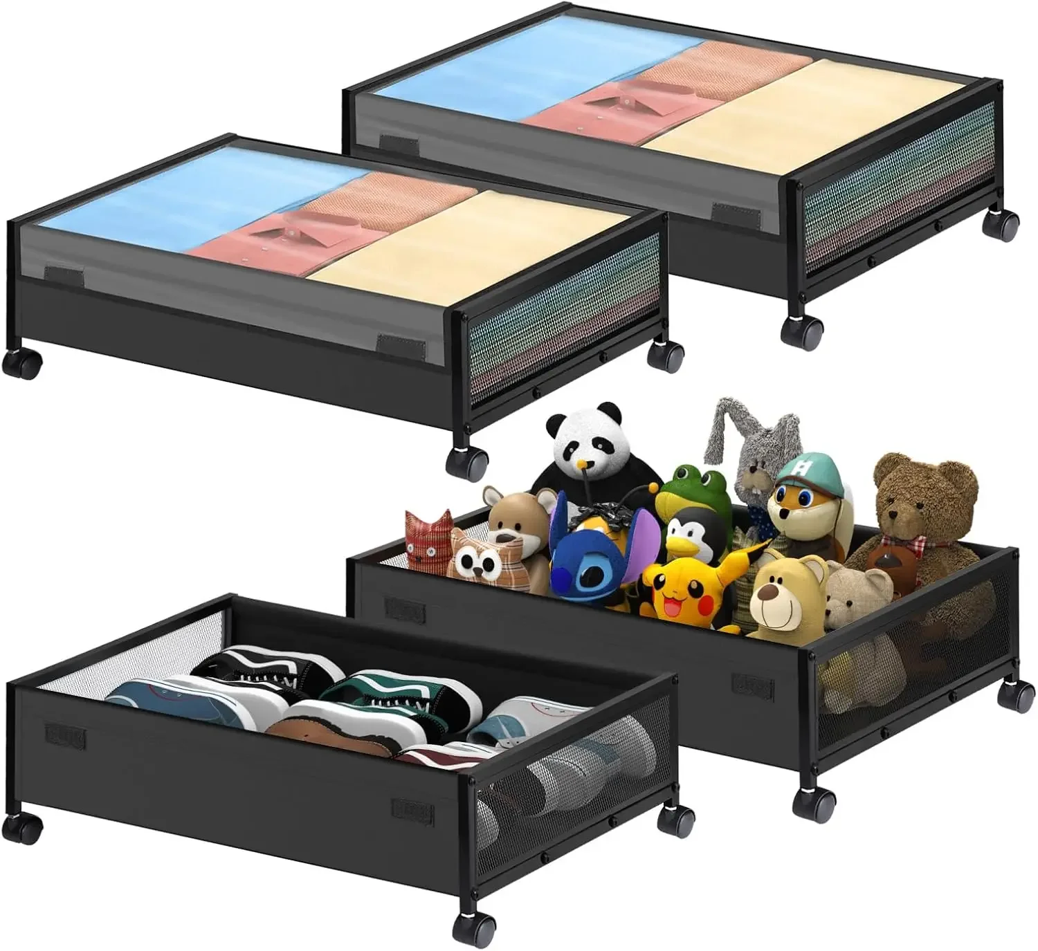 

Under Bed Storage with Wheels, Upgraded Under Bed Rolling Storage with Lid, 4 Pack Under Bed Shoe Storage Organizer