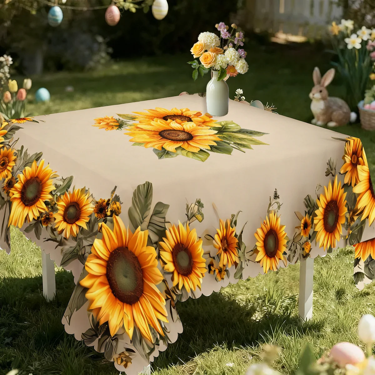 One summer-autumn yellow sunflower pattern tablecloth with durable polyester fabric featuring edge lace design, machine washable