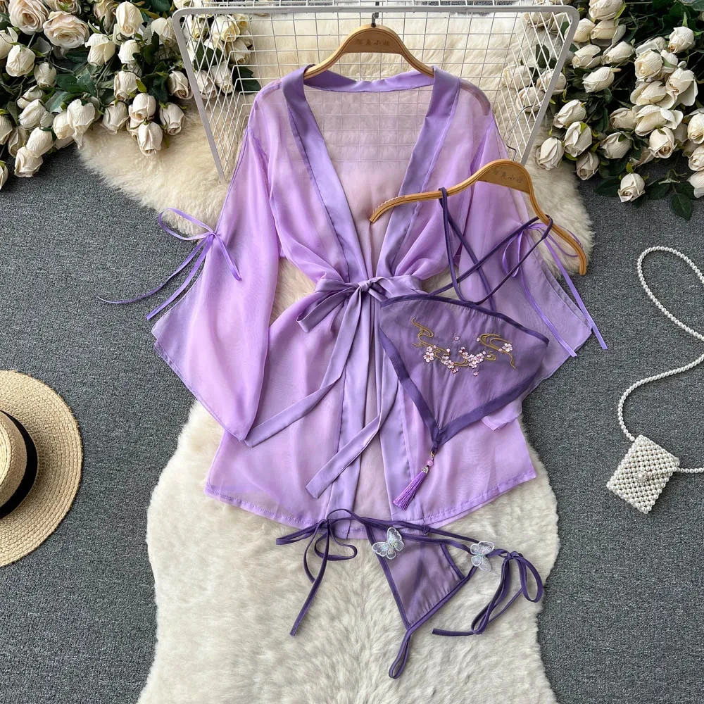 Embroidery Hanging Neck Short Top Tassel Pendants Stripe Sexy Elegant Cosplay Costume Chinese Pajamas For women 3 Piece Set