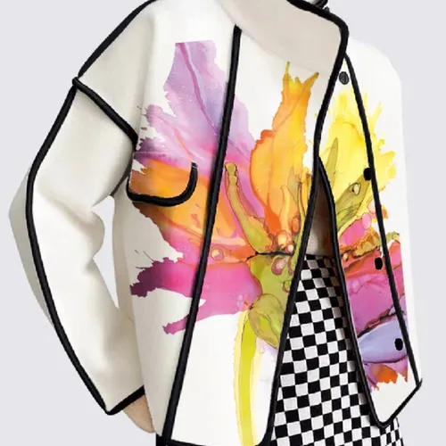 Freeacy 2025 여성용 세련된 재킷, 플로럴 프린트 스플릿 조인트 스탠드 칼라, 긴 소매 루즈 코트, 단추 달린 캐주얼 아우터  Best5