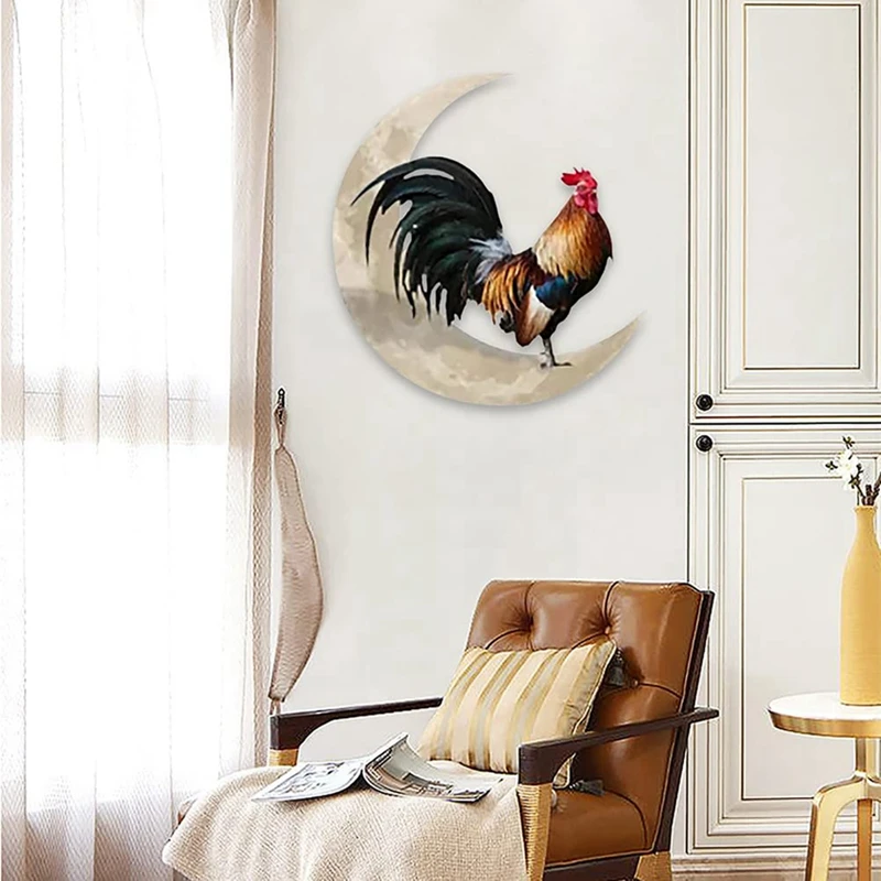 Metal Wall Hanging Sign Rooster Moon Wall Decor Wall Unique Arts for Farmhouse Home Garden Decor 35x35cm