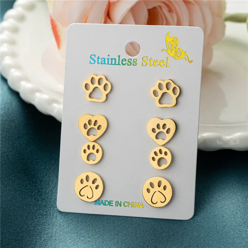 4Pairs/Lot Lovely Stainless Steel Dog Paw Stud Earrings for Women Everyday Jewelry Fashion Animal Cat Footprint Earing Accessory