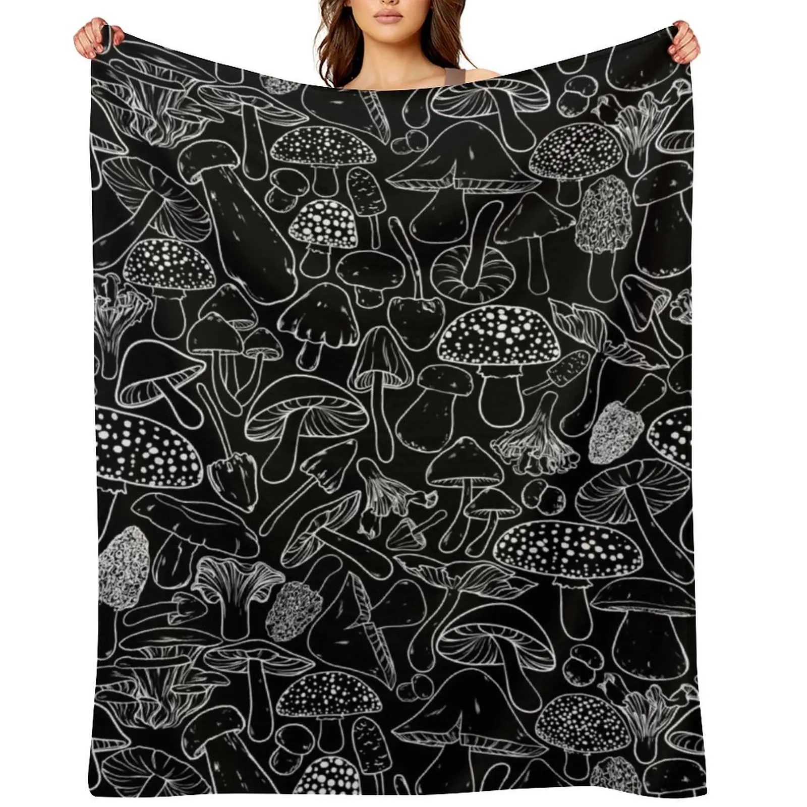 

All The Mushrooms on Black Throw Blanket Winter beds Furrys Decorative Sofas Blankets For Baby Blankets